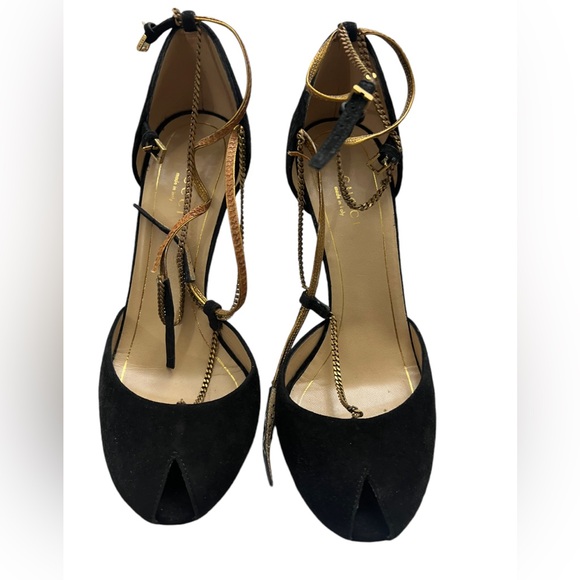 Gucci Mila Gold Chain Ophelie suede leather peeptoe pumps heels Size 38 - Picture 8 of 16